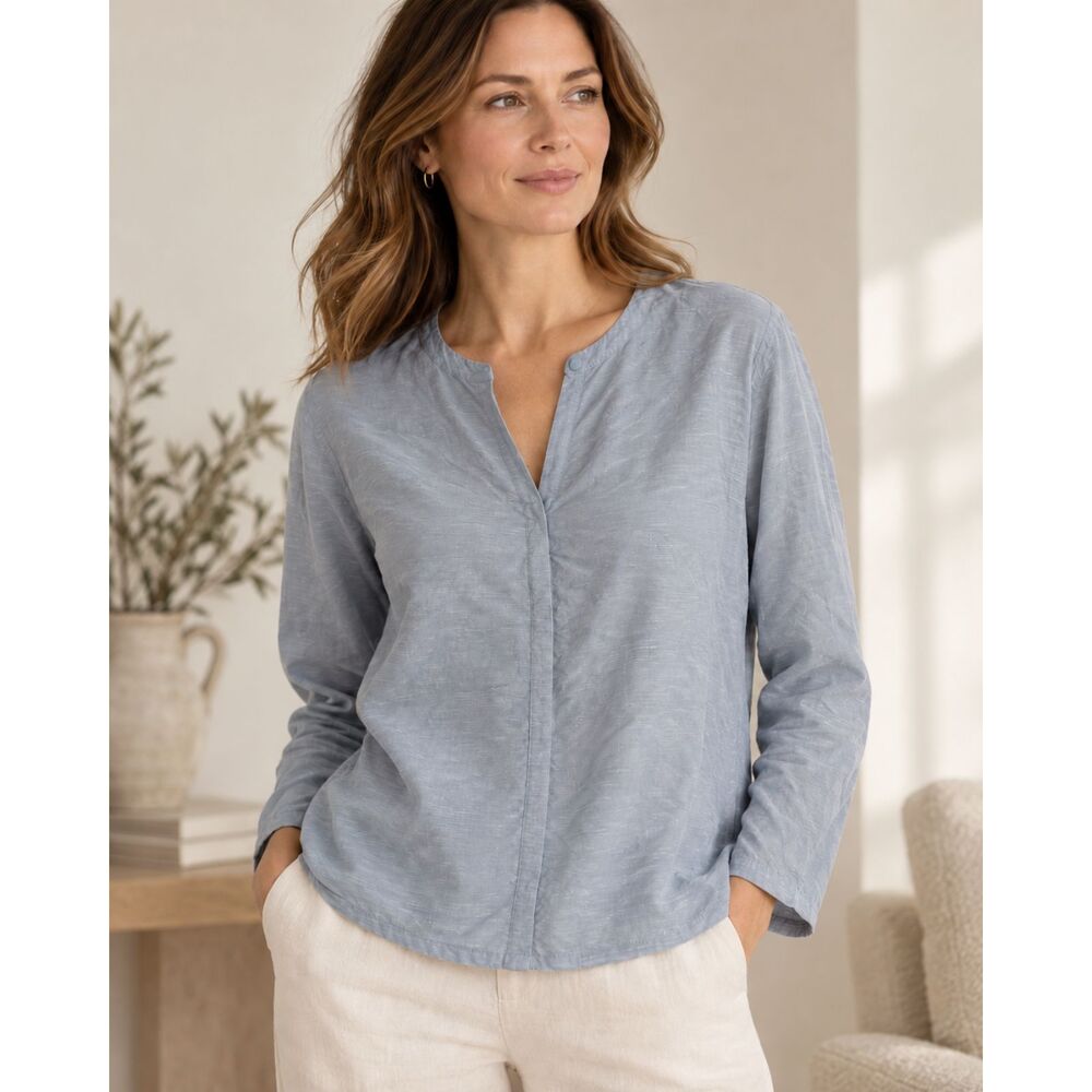 Sigrid Olsen Silk Linen Blouse Size 16 XL Blue Gray Long Sleeve Minimalist